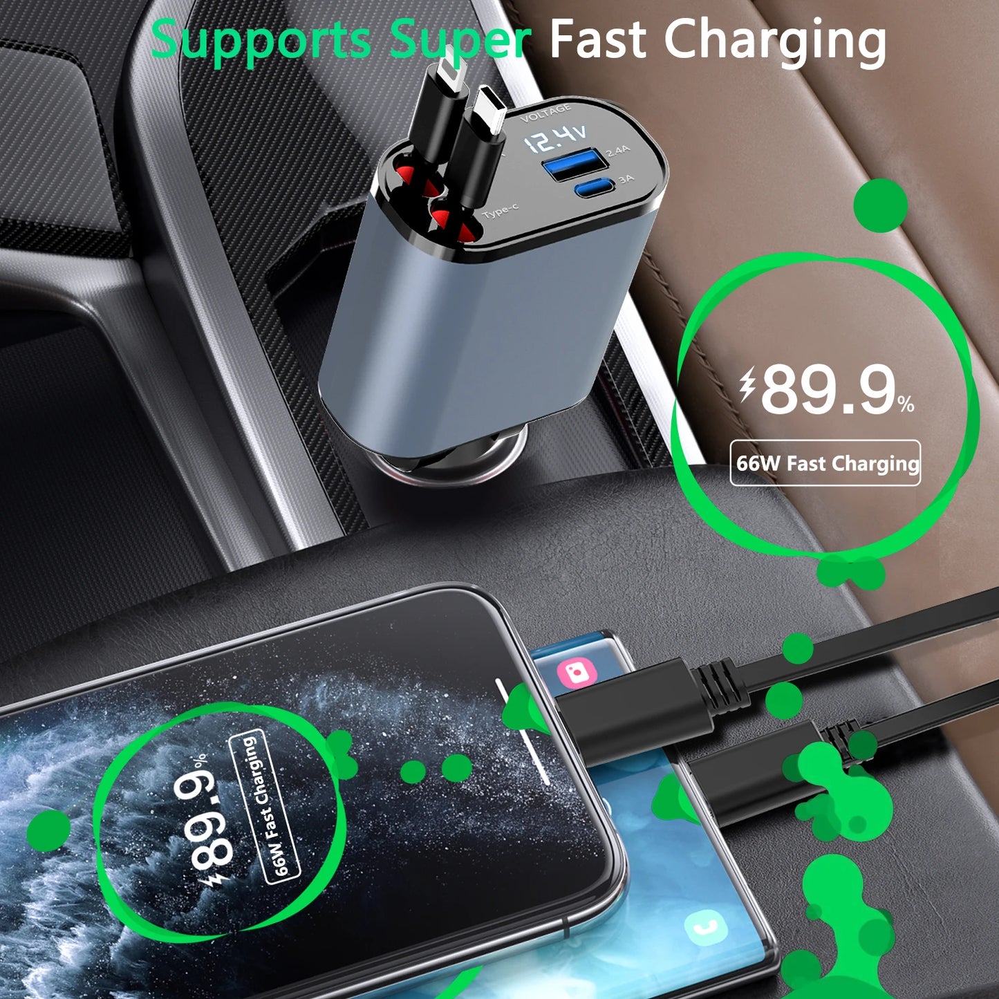 Car Lighter Adapter 4 In 1 Fast Charging Car Phone Charger With Retractable Cable 100W Fast Charging Multi Port Car Adapter Fit