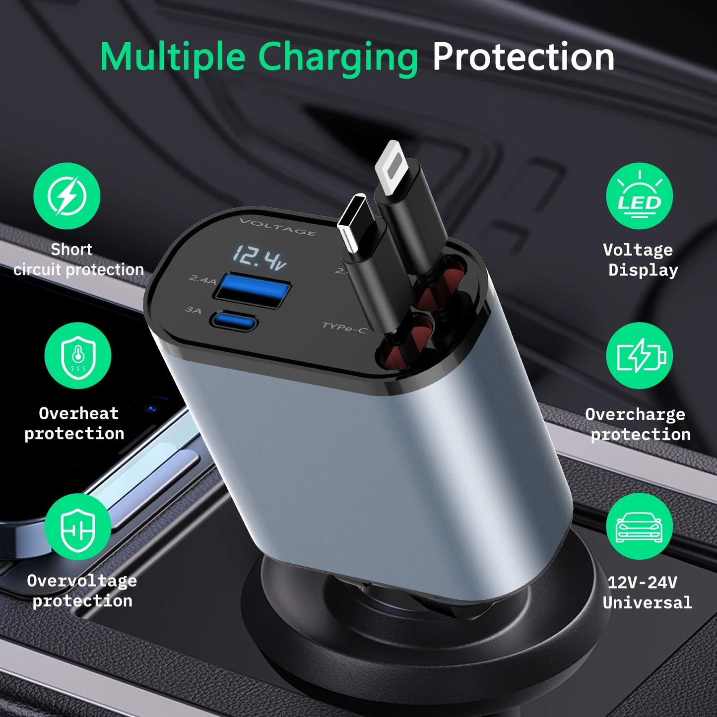 Car Lighter Adapter 4 In 1 Fast Charging Car Phone Charger With Retractable Cable 100W Fast Charging Multi Port Car Adapter Fit
